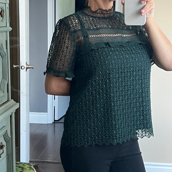 Zara Green Lace overlay short sleeve blouse size medium fits small - Picture 2 of 7